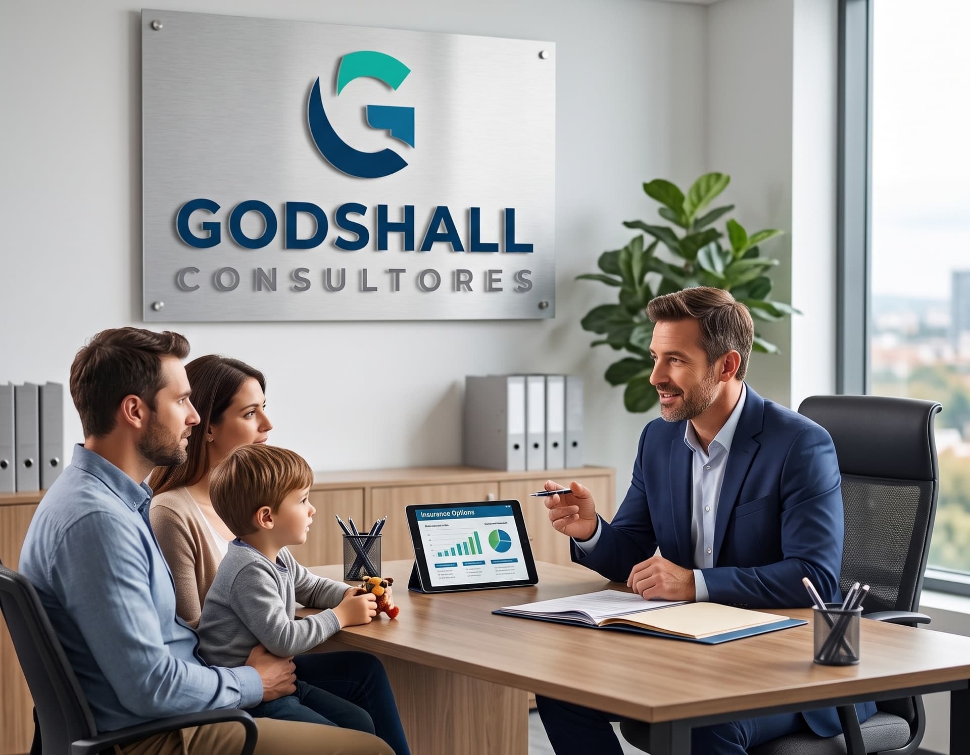 Asesor financiero presentando opciones de seguros a una familia en oficina de Godshall Consultores